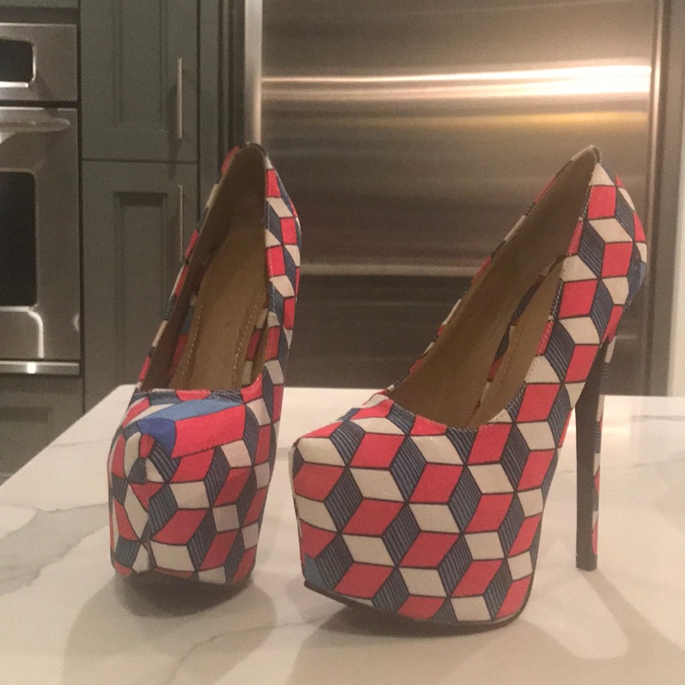 Liliana heels pink blue and white geometric
